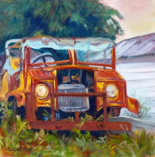 A painting of an old derelict car