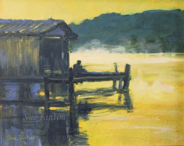 A painting of a misty morning on a river