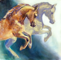 An gorgeous Oil painting of plunging arab horses
