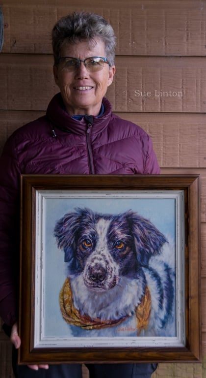 A custom framed Oil portrait of a dog to show you the size.