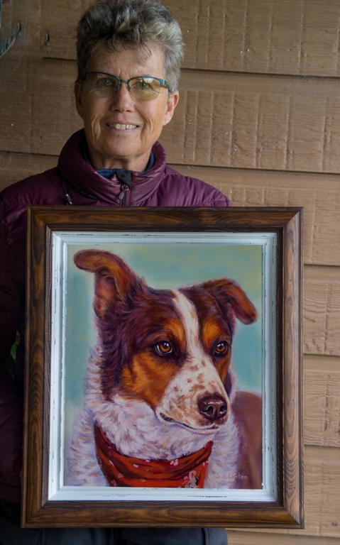 A custom framed pet portrait