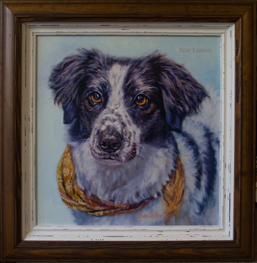 The custom framed Oil portrait of Stella the dog.