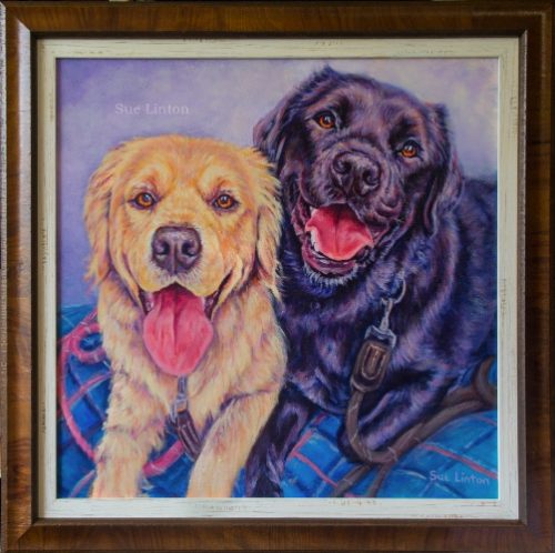 A custom framed Oil pet portrait of 2 happy dogs.