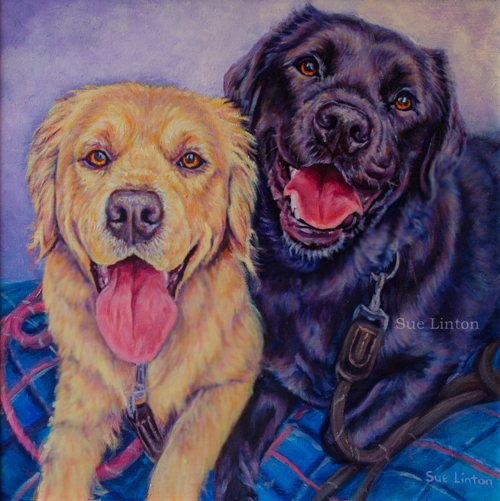 An Oil pet portrait of 2 dogs
